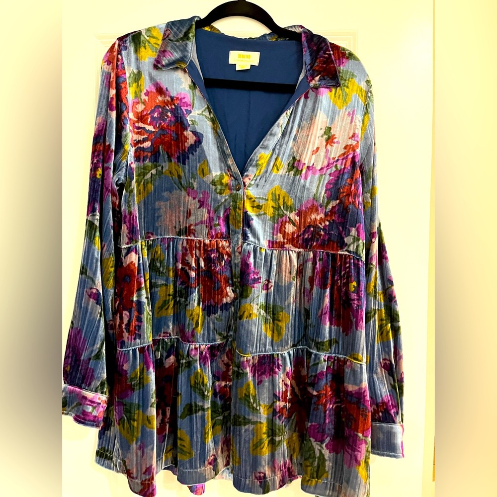 Anthropologie Blue Floral Velvet Tunic